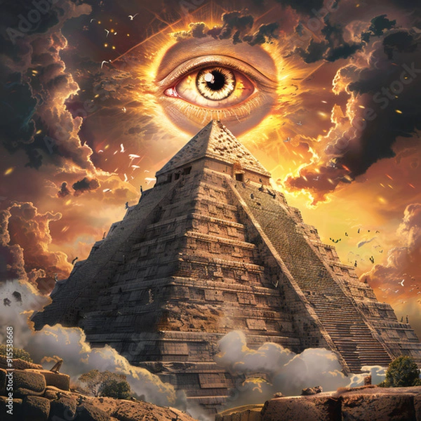 Fototapeta Third Eye Pyramid Golden Sky Clouds Dramatic  Sunset