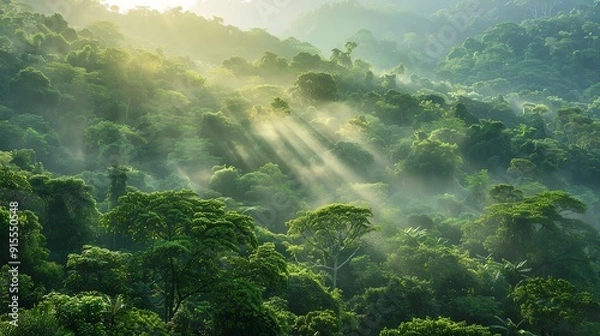 Fototapeta Forested landscape buffering temperature extremes, enhancing local energy efficiency, landscape efficiency temperature, natural temperature regulation