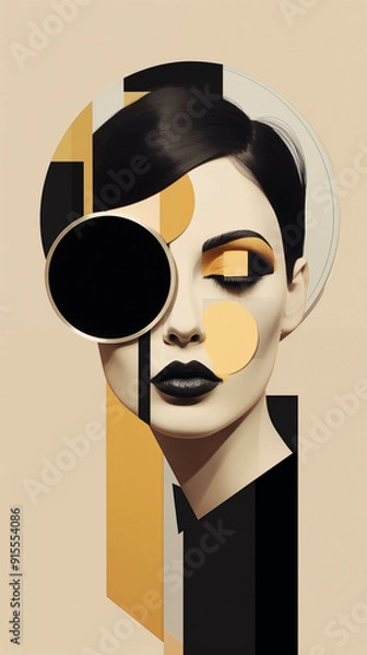 Fototapeta Modernist collage with a portrait of a woman with closed eyes and geometric shapes surrounding her head, creating a modern and abstract composition; sophisticated chic lady
