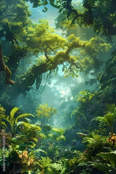 Fototapeta A serene jungle scene filled with lush greenery, vibrant plants, and dappled sunlight filtering through the canopy, inviting tranquility.