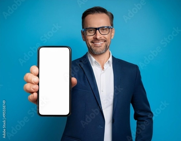 Obraz Satisfied confident smiling adult businessman showing mobile phone blank white screen mockup