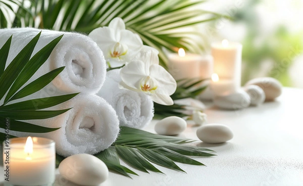 Fototapeta Spa scene with rolled white towels, orchids, candles, and smooth stones arranged on a reflective surface.