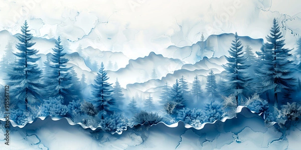 Obraz Serene winter landscape with snow-covered hills and majestic evergreen trees in shades of blue.