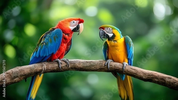 Fototapeta Two colorful macaws perched on a branch in a lush green forest.