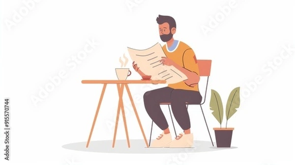Fototapeta Man Relaxing with Coffee and Newspaper - Illustration