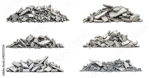 Obraz Multiple mounds of broken concrete and construction debris are stacked in an outdoor area, showcasing various sizes and shapes of the rubble