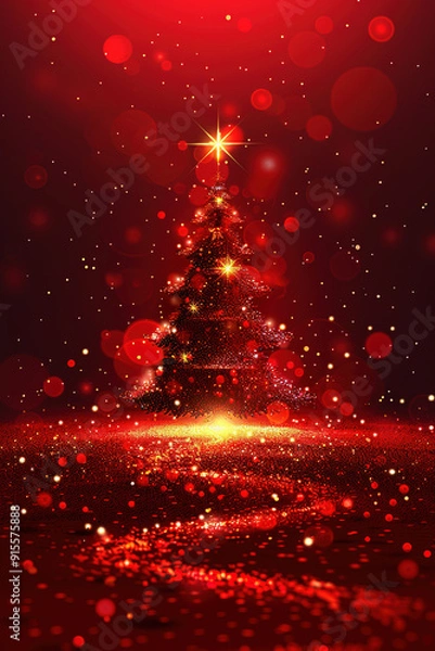 Fototapeta Christmas Tree With Star on Top and Red Glitter Background