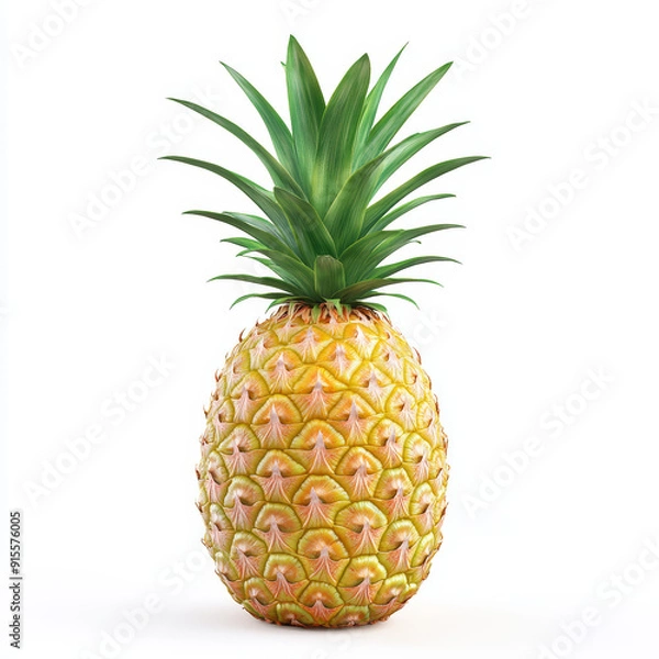 Fototapeta Ultra-realistic, high-definition photograph of a ripe pineapple with detailed, vibrant green leaves. The pineapple should have a natural texture with slight imperfections and realistic light reflectio