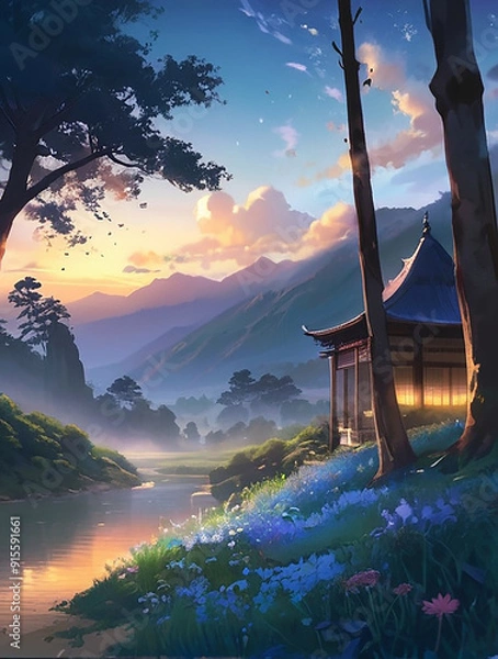 Fototapeta Lupine flowers on the background of the setting sun on the lake generative ai photo