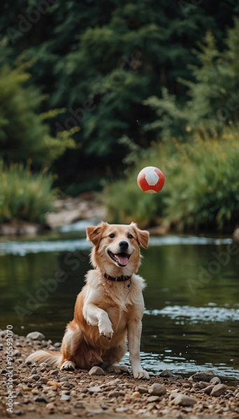 Fototapeta A dog is playing with a ball beside a river ai photo