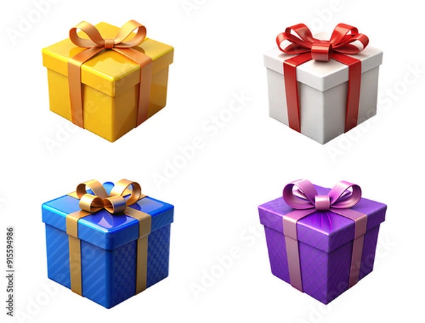 Obraz yellow, white, blue and purple gift boxes set, collection isolated on transparent or white background, png .
