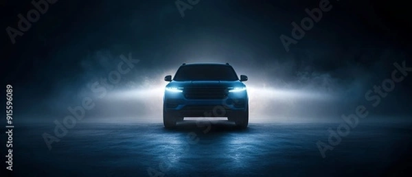 Fototapeta Dark Blue SUV with White LED Headlights in Empty Room