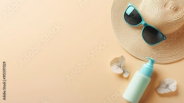 Fototapeta Summer relaxation essentials featuring a straw hat and sunscreen on a light background