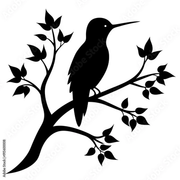 Fototapeta Hummingbird isolated on white, hummingbird vector illustration, bird on a branch vector art, hummingbird silhouette, bird vector icon, hummingbird on a branch line art, eps, hummingbird on a branch ca
