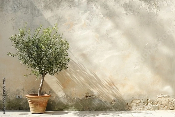 Obraz Potted olive tree casting shadows on beige weathered wall
