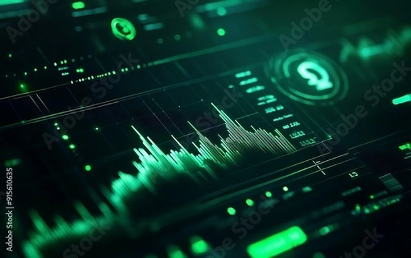 Fototapeta Digital Screen Displaying Green Rising Stock Chart with Coin Symbol and Neon Elements