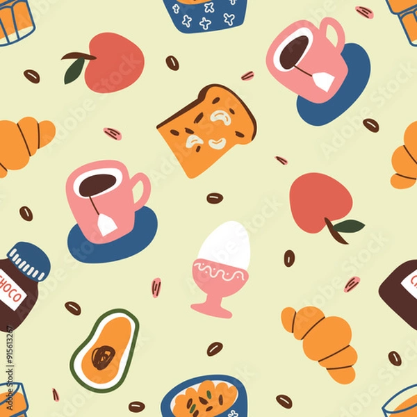 Obraz Vector seamless pattern with breakfast items. Hot tea, toast, croissant, avocado, egg, fruit, chocolate on a lemon background.