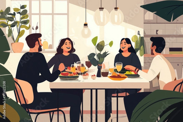 Fototapeta A family enjoys a delightful meal together. Their smiles and happiness reflect the beauty of shared moments, creating a warm, joyful atmosphere.