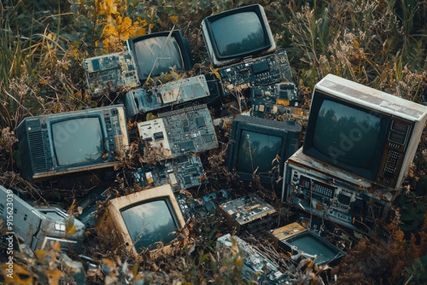 Fototapeta A Forgotten Dump of Retro Electronics: Analog TVs and Circuit Boards Lost in the Wilderness, Telling Stories of a Bygone Era of Technology