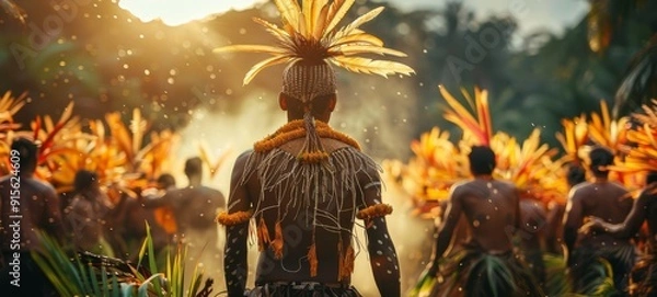 Fototapeta Gawai Dayak Harvest. A person in traditional attire with feathers. The figure stands against a natural backdrop. Suitable for depicting traditional costumes or cultural events. Photograph, horizontal 