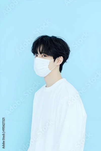 Fototapeta Young Man Wearing a Protective Face Mask for Health Safety in Minimalistic Setting