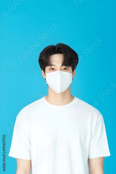 Fototapeta Young Man Wearing a Protective Face Mask for Health Safety in Minimalistic Setting