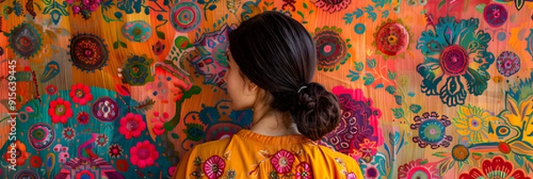 Fototapeta Visualize an anthropologist studying the intricate designs of ancient textiles to understand cultural symbolism