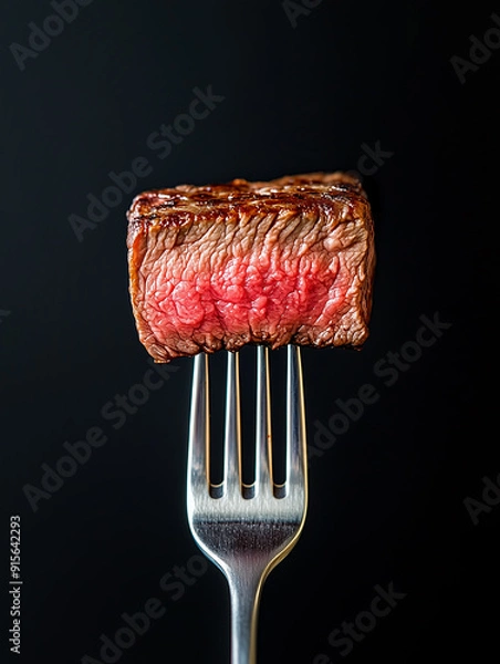Obraz A mid-rare slice of ribeye steak on the tip of a fork. Isolated on black background. Close up