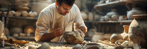 Obraz Visualize an archaeologist analyzing pottery shards in a lab, piecing together the daily life of ancient people