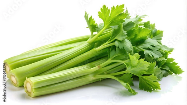 Fototapeta Fresh green celery stalks with vibrant leaves on a white background, showcasing their crisp texture and healthy appeal.