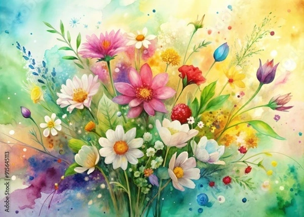 Fototapeta Vibrant watercolor splashes and delicate flowers adorn a soft abstract background, paired with modern hand-penned Hello May lettering, evoking a fresh and joyful spring atmosphere.
