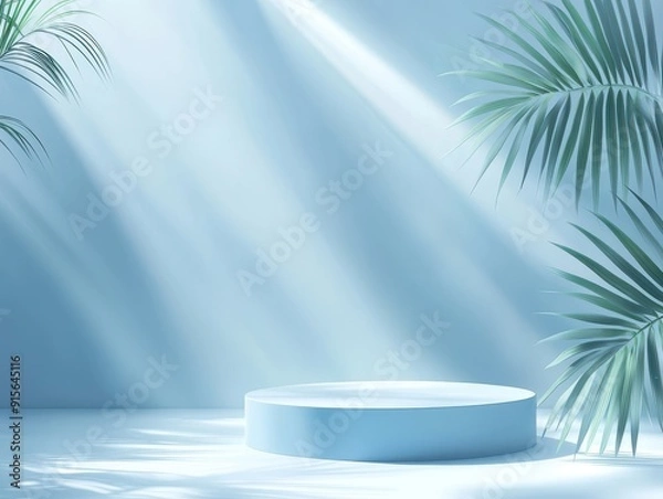 Fototapeta Ethereal E-commerce Design with Palm Leaf Podium, Light Rays, and Bokeh Effects for Online Shopping Websites