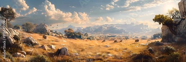 Fototapeta Visualize the interaction between early humans and their environment, showing how they adapted to various climates and landscapes