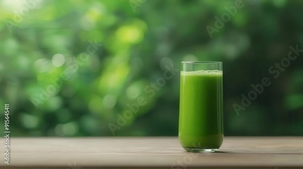 Fototapeta Refreshing green juice in a glass on a wooden table with a soft, blurred background of lush greenery.