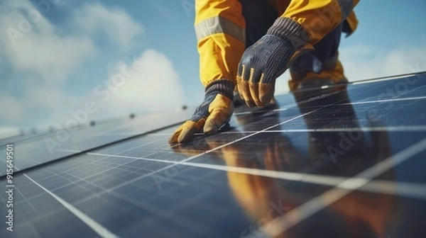 Fototapeta Solar panel installation technician.