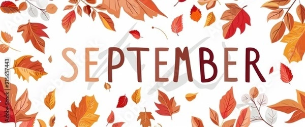Fototapeta the words "SEPTEMBER" white text with autumn leaves background Generative AI