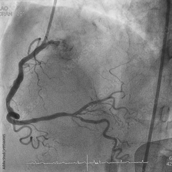 Obraz Coronary angiogram (CAG) was performed right coronary artery (RCA) stenosis.