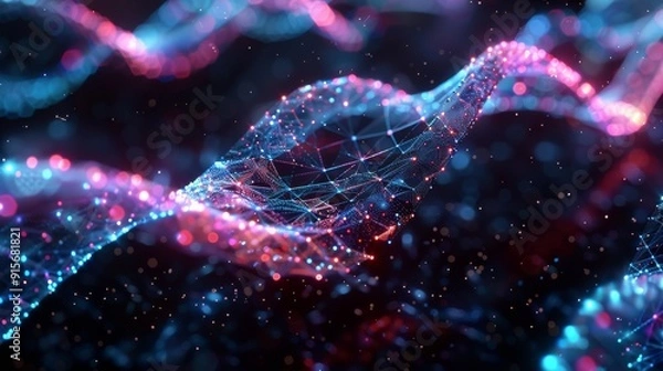 Fototapeta Abstract digital wave with glowing neon particles, network connection concept. Futuristic technology, artificial intelligence visualization.