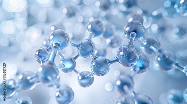 Fototapeta Close-up of a molecular structure with shiny, transparent atoms and bonds, highlighting scientific and chemical research concepts.