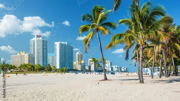 Fototapeta Sunny beach scene with palm trees and city skyline in Miami during a clear day