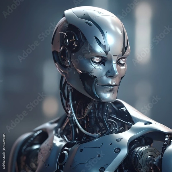 Fototapeta Close up of a robotic humanoid with white eyes and metallic skin.