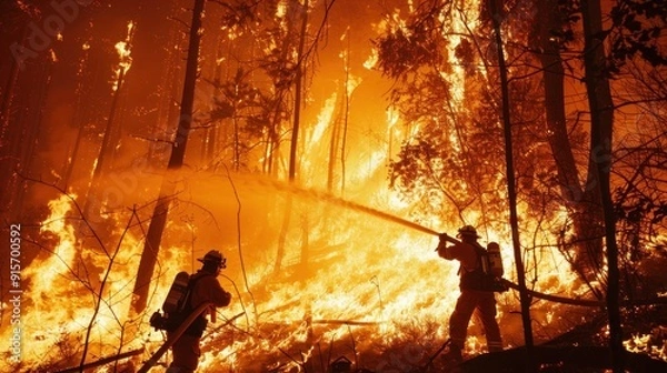 Obraz Firefighters spraying water on massive forest wildfire.
