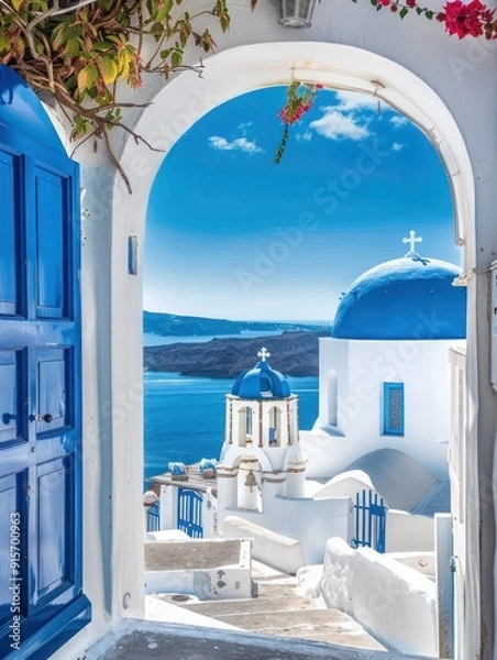 Obraz Picturesque View of Santorini Church through Arched Gateway