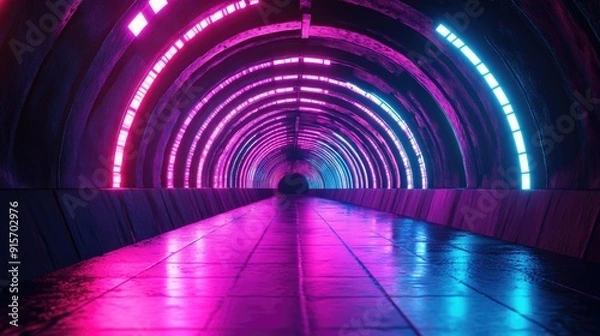 Fototapeta Reflective textured tunnel with bright, glowing lights extending infinitely. 3D illustration.