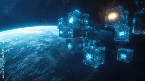 Fototapeta Sci-fi space station composed of glowing cubes, orbiting a distant planet. 3D illustration.