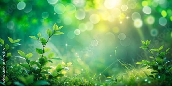 Fototapeta Ethereal soft focus green bokeh background with blurred foliage and delicate natural textures, evoking a sense of serenity and peacefulness in a forest setting.