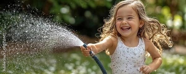 Obraz Happy child girl running through the backyard, spraying water with a garden hose, laughter and joy filling the air, playing with garden hose, carefree and lively