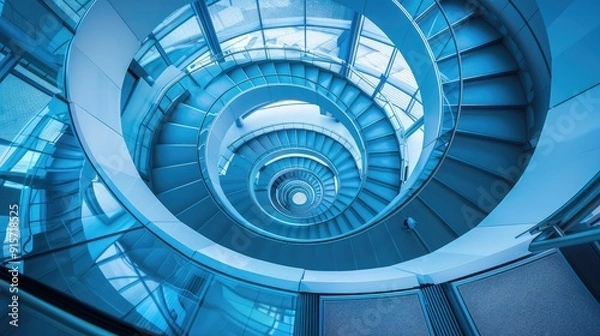 Fototapeta Spiral staircase inside a modern cylindrical building with glass floors