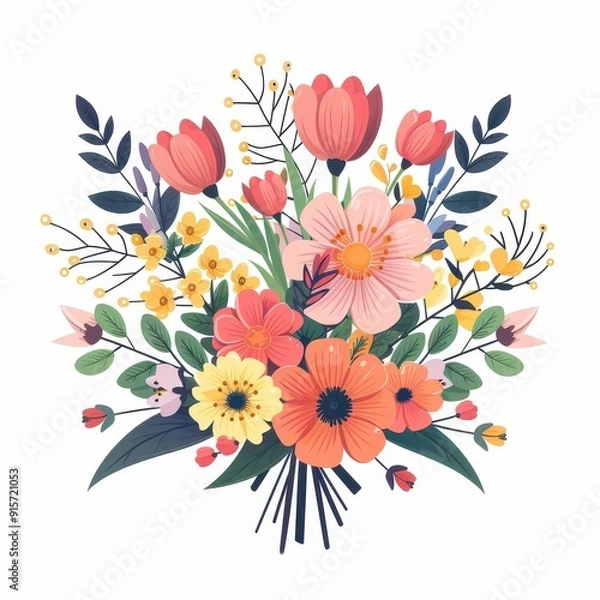 Fototapeta Colorful flower bouquet in flat vector art design for card template