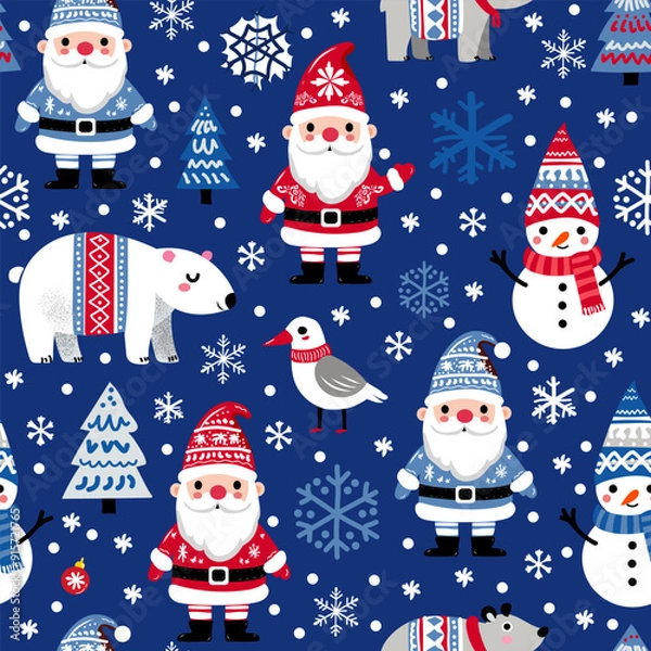 Fototapeta Simple vector seamless pattern for kids with Santa, Christmas tree and snowflakes. Christmas print for wrapping paper, Christmas cards, scrapbooking